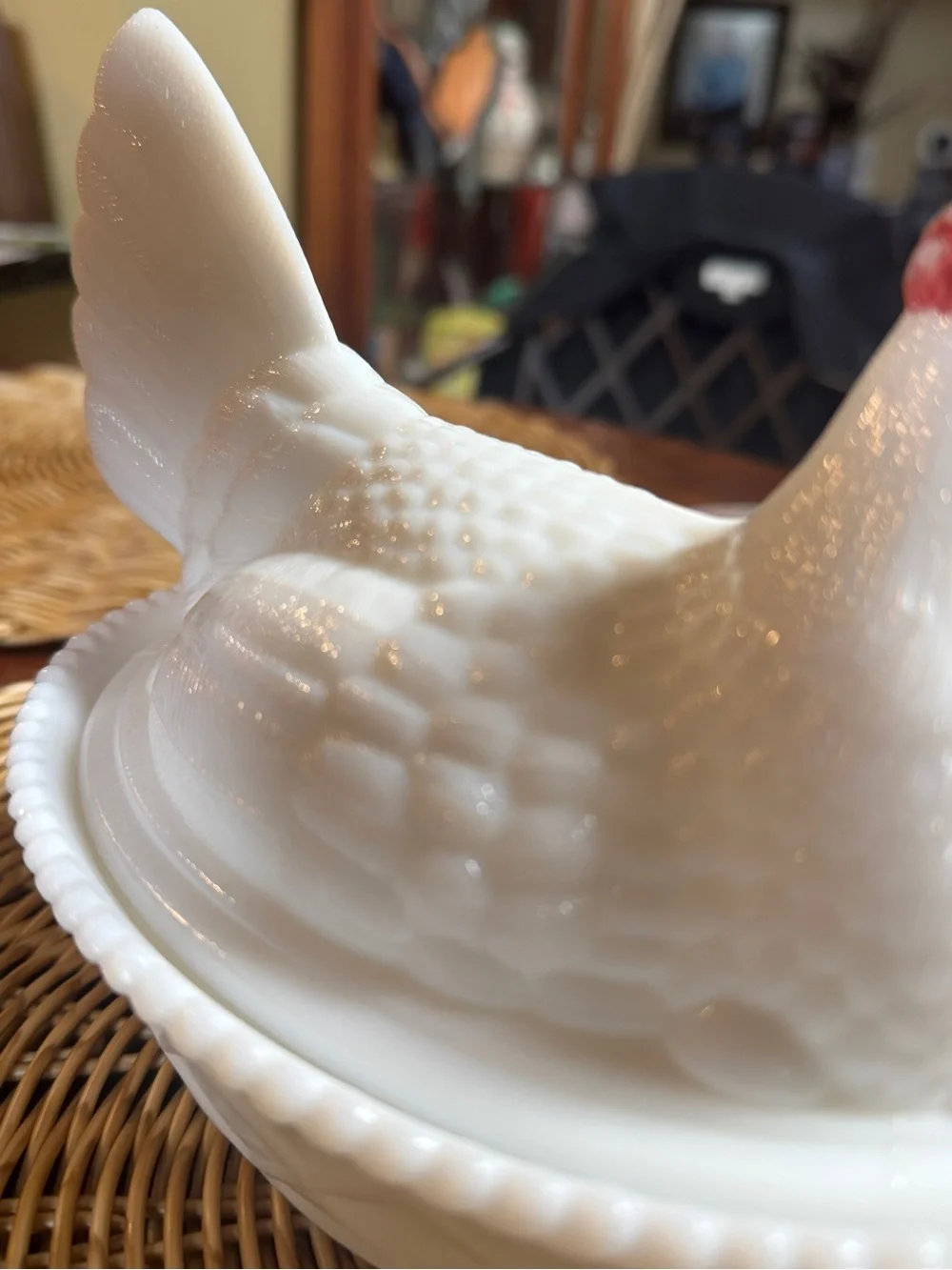 White Ceramic Hen on Nest Covered Dish with Red Comb